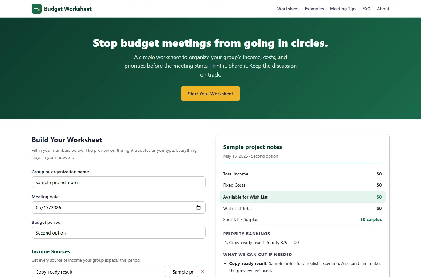 Screenshot of Community Budget Meeting Worksheet interface showing the project page in use